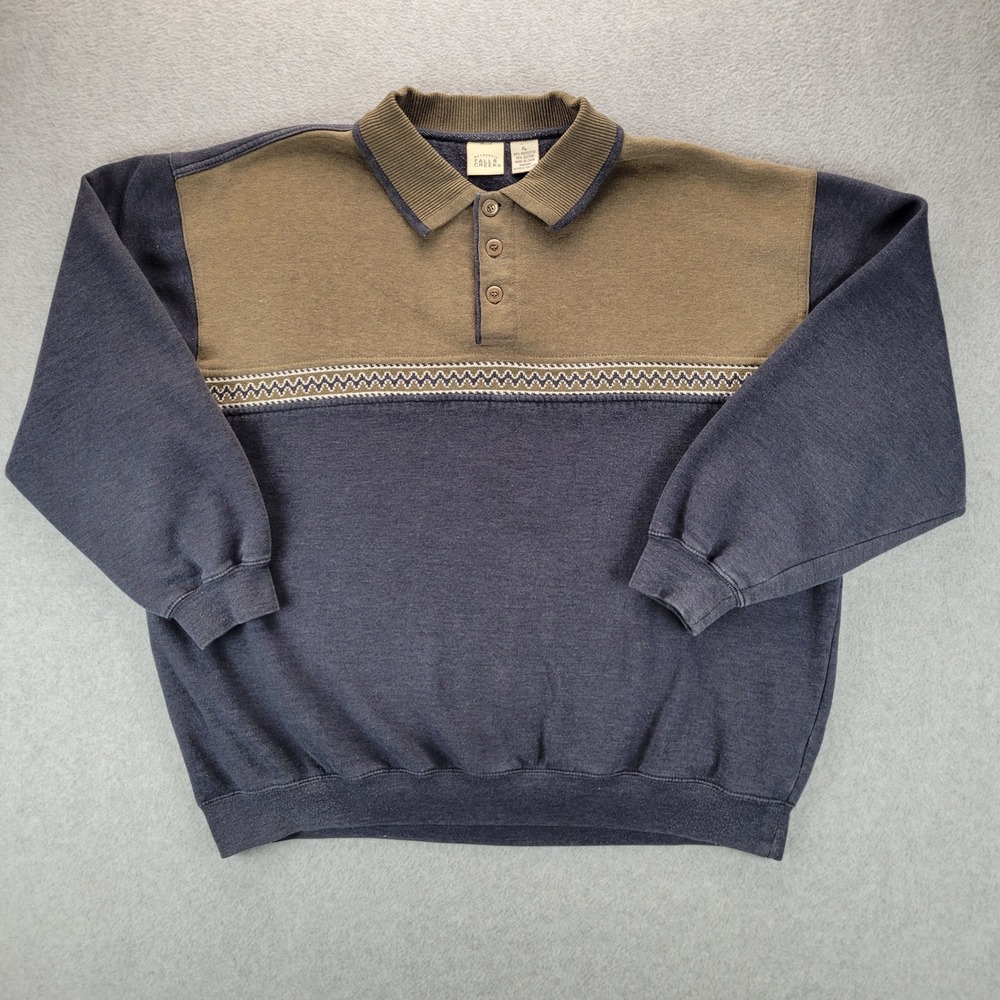 Falls‎ Creek Mens XL Polo Sweatshirt Aztec Navy Olive Colorblock Geometric VTG